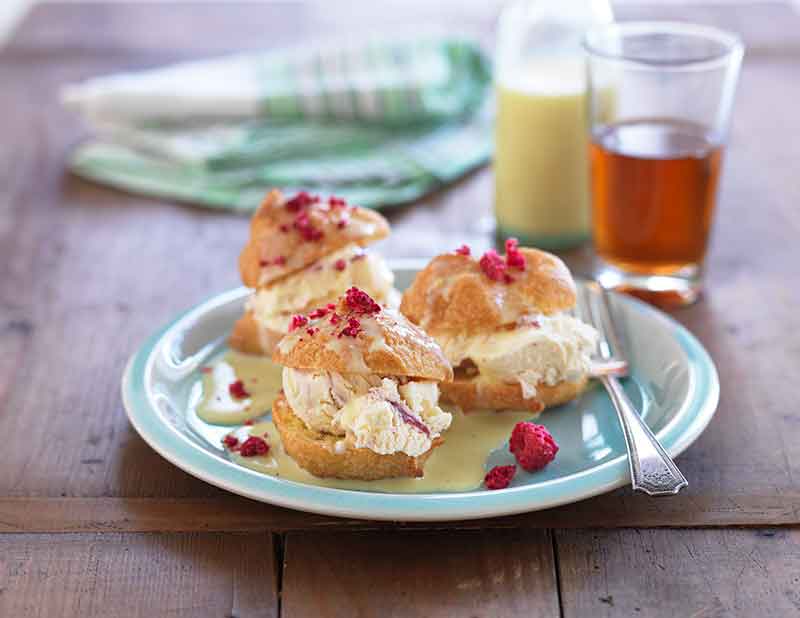 White Chocolate & Raspberry Ice Cream Filled Profiteroles