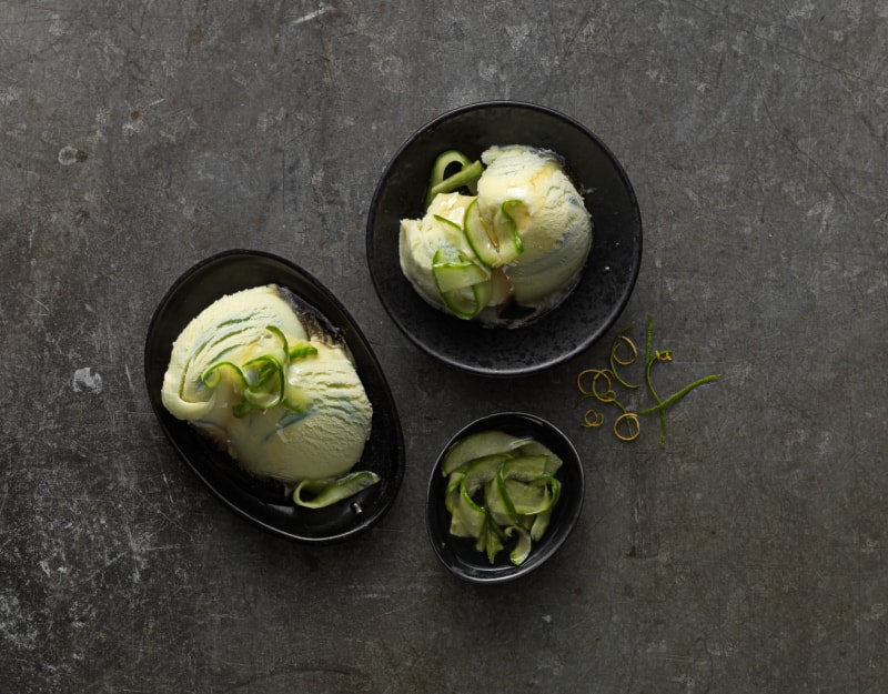 Feijoa & Pear Sorbet with Cucumber, Lemon Lime Syrup