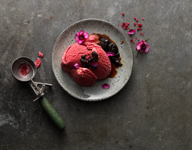 Summer Berry Sorbet with Prunes in Gin